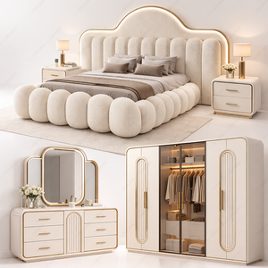 Juego de Muebles de Dormitorio King Size Europeo Moderno y Lujoso con Cabecera Iluminada con Detalles LED y Puertas de Vidrio, Juego de Cama de 4 Piezas - Product Image 1
