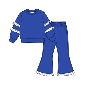 Tenues pour filles en coton biologique personnalisé à manches longues avec imprimé de vacances, haut à volants et pantalon cloche, vente en gros, vêtements pour équipes de football - Product Image 6