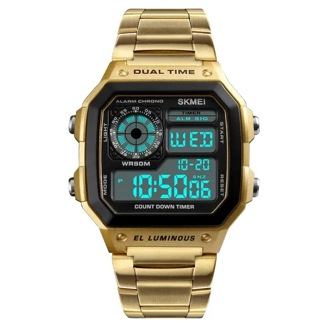 2023Fast Dispatch Best Seller SKMEI 1335 Stainless Steel Band All Gold Square Shaped Fashion LED Electronic Digital Man Watch