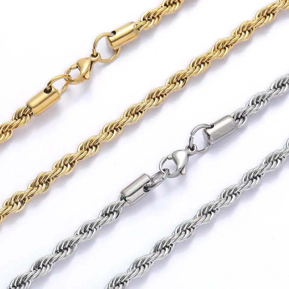 18k Gold Plated Singapore Rope Chain 2mm 3mm 4mm 5mm Stainless Steel Silver Twist link Chain Necklace For Men Women Jewellery