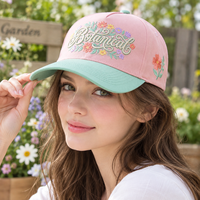 Casquette de baseball 5 panneaux pour femme, motif floral 3D brodé, design botanique avec lettres, blocs de couleurs pastel, pour le jardin, le quotidien et les activités de plein air