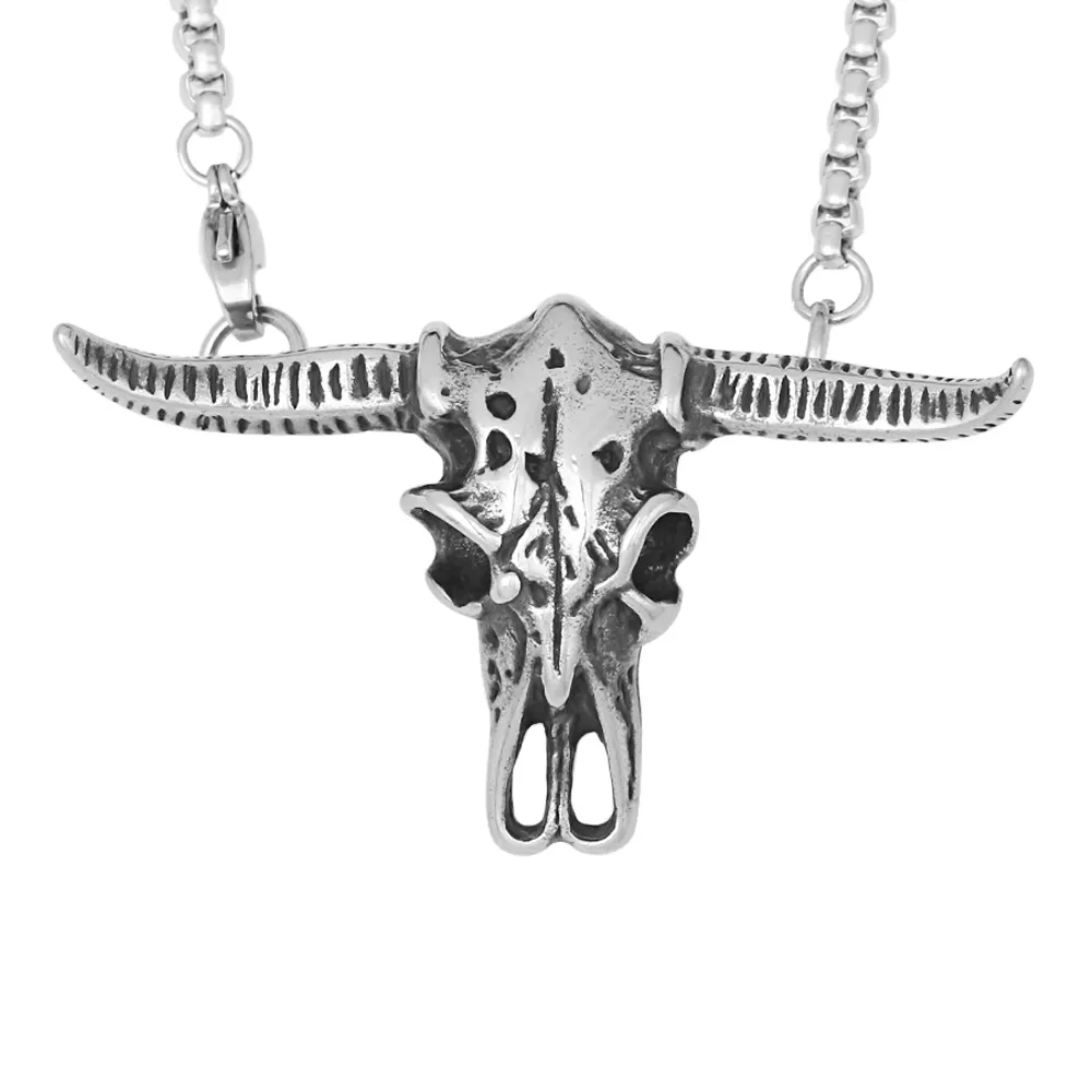 Wholesale Custom Personality Stainless Steel Bull Head Skull Pendant Necklace with 3D Effect