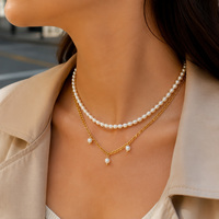 Collar Romántico de Acero Inoxidable con Baño PVD de 18K, Doble Capa, Perlas Barrocas Redondas, Zirconia, Diseño de Nudo y Cadena de Cable, Regalo