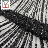 Gaun manik-manik hitam mewah mutiara kain renda dengan kain renda pengantin Tulle manik-manik bordir payet