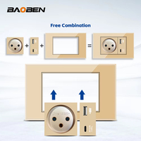 BAOBEN Prise murale de charge rapide USB Type C en verre trempé doré, norme israélienne, interrupteur d'éclairage, télévision par satellite, Tel CAT5 CAT6
