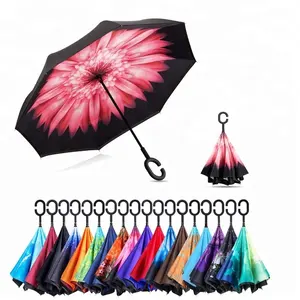 high quality custom logo straight umbrella sun and rain Inverted reverse umbrella with C handle