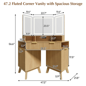OE.HOME Modern Solid Wood 47.2" Corner Makeup Vanity Desk 3-Way Adjustable Standing Lighted <b>Mirror</b> Tempered Glass Top Charging - Product Image 5