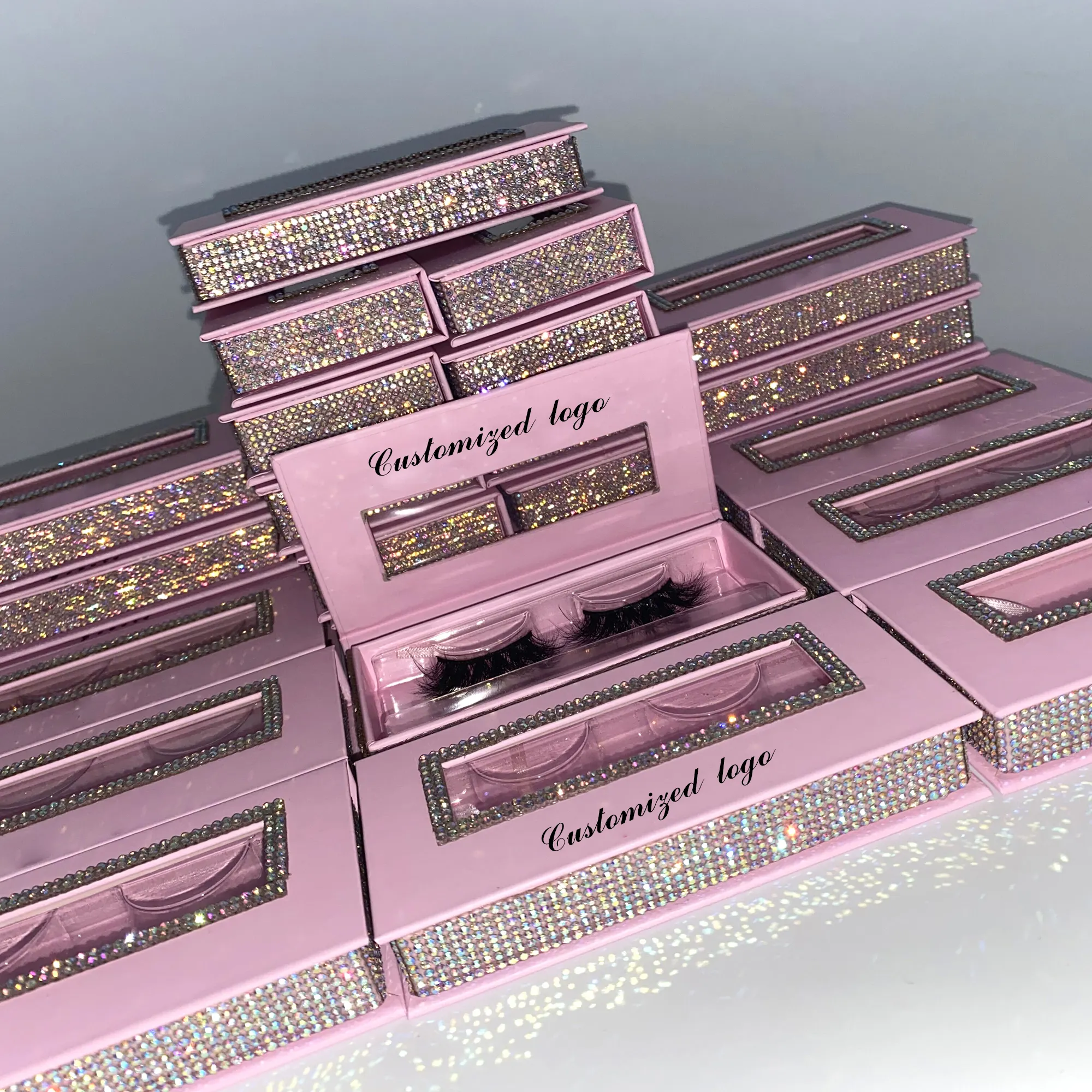 थोक गुलाबी बरौनी बक्से पैकेजिंग के साथ अनुकूलित लक्जरी चलाओ बॉक्स हीरा बरौनी विक्रेता अनुकूलित बक्से