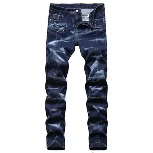 Calça jeans masculina bordada, fornecedor de fábrica, casual, estampada, elástica, feita em zíper, moda masculina