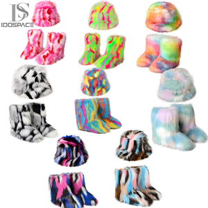 IDOIT vente chaude hiver chaud flou ensemble bottes en peluche colorées et chapeau <span class=keywords><strong>de</strong></span> pêcheur ensemble confortable femmes fourrure seau chapeau - Product Image 1