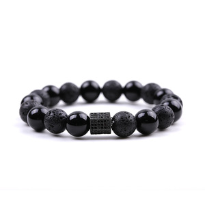 10mm Natural Black Onyx Bracelet – Mixed with Cubic Zirconia Beads Stretch <b>Men</b>’s Beaded Jewelry - Product Image 3