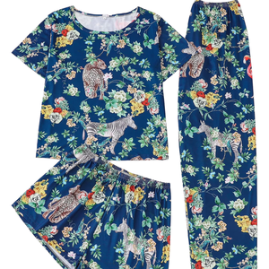 Ensemble de pyjama trois pièces décontracté pour femmes, tissu tricoté, impression numérique, respirant, séchage rapide, taille élastique, ODM - Product Image 1
