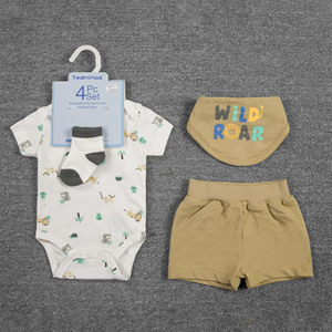 Nuovissimo Set di <span class=keywords><strong>Abbigliamento</strong></span> Unisex per Neonati 100% Cotone Traspirante Casual a Righe Estivo con Bretelle 4 Pezzi 0-24 Mesi Vendita all'Ingrosso - Product Image 1