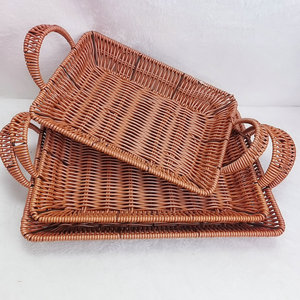 Rattan Snack Plate Double Handle Rectangular Oval Serving Tray For Restaurant Fruit Storage <b>Basket</b> - Product Image 3