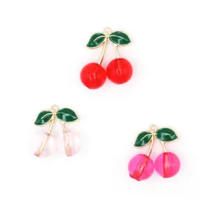 28mm Enamel Fruit Pendants Crystal Transparent Pink Red Cherry Earring Drop Lovely DIY Craft Embellishment