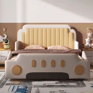 Lit pour enfants en forme de voiture de course, bois massif, garde-corps, rangement créatif, design de dessin animé, minimaliste moderne, taille complète, chambre d'enfant, confortable - Product Image 1