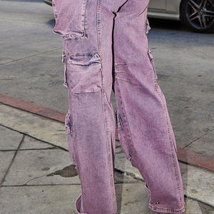 Jeans Cargo da Donna a Vita Alta con Gamba Larga, Stile Streetwear, Colore Lavanda, Lavaggio Stone Wash, con Tasche - Product Image 4