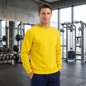 Pull à col rond jaune pour homme, 100% coton respirant, col rond, couleur unie, manches régulières, vêtements d'été - Product Image 3