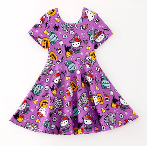 <span class=keywords><strong>Vestito</strong></span> a Ruota con Stampa di <span class=keywords><strong>Gatto</strong></span> Cartoon a Maniche Corte per Bambine e Ragazze per Halloween Autunnale Disponibile - Product Image 1