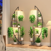 Support à plantes créatif à 6 niveaux en forme de feuille avec lumières LED, étagère en bois à structure métallique, support à fleurs suspendu autoportant