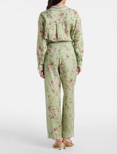 Completo Casual di Alta Qualità con Camicia e <span class=keywords><strong>Pantaloni</strong></span> a Gamba Larga, Set Due Pezzi in <span class=keywords><strong>Lino</strong></span> e Cotone <span class=keywords><strong>Verde</strong></span> con Stampa Digitale, Abbigliamento da Casa per Donna - Product Image 2