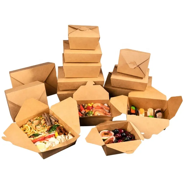 Großhandel Druck Einweg-Lebensmittel verpackung Kraft papier Lunchbox zum Mitnehmen verpackte Papier box Brathähnchen Salat Snack box