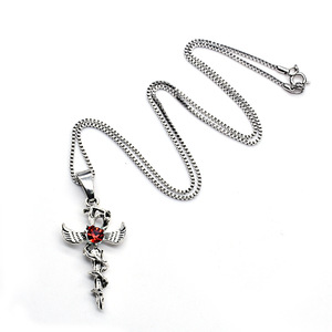 <b>Cross</b> Pendant Necklace With Red Stone Angel Wings Unisex Fashion Jewelry - Product Image 2