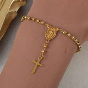 Conjunto de Joyería para Mujer, Chapado en Oro de 18K, Medalla Milagrosa Geométrica, Cadena de Mano Ajustable con Cuentas Ovaladas y Cruz, Acero Inoxidable 316L - Product Image 2