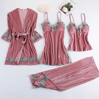 Set Loungewear Wanita Mewah Beludru 4 Potong OEM ODM, Gaun Tidur Seksi dengan Bra Terintegrasi, Renda, Pakaian Rumah, Pabrik