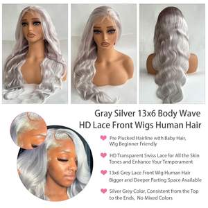 Perruque Lace Front <span class=keywords><strong>Cheveux</strong></span> Humains Indiens Remy Gris Argenté Ondulés Naturels Longue Pré-épilée Petits Nœuds Lisse Transparente - Product Image 2