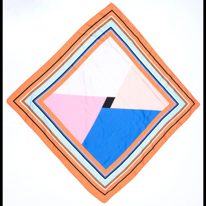 ผ้าพันคอแฟชั่นทรงสี่เหลี่ยมเล็ก ลายบล็อกสีเรขาคณิตทันสมัย เนื้อผ้าคล้ายผ้าไหม ผลิตจากโพลีเอสเตอร์ซาติน ขอบเย็บด้วยเครื่องจักร - Product Image 3