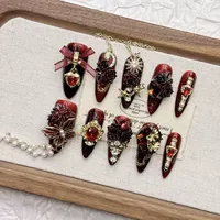 Faux ongles à presser en gros, faits à la main, rouges, papillon 3D, forme amande, en acrylique, avec accents de chaîne