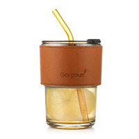 Nouveauté : Mug à café portable de 450 ml (15 oz) avec manchon en cuir gris ambré, paille et couvercles pour vos besoins en matière de vaisselle