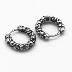 316L Stainless Steel Hoop Earrings <b>Huggie</b> Hoop Earrings Skull Bead Ring <b>Silver</b> Tone Gothic Streetwear Style for Men - Product Image 2