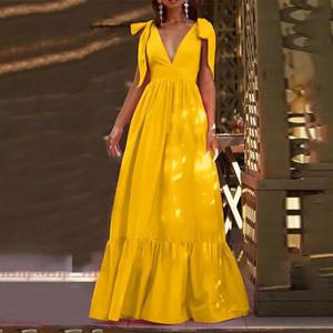 V-neck Yellow Maxi Dress Empire Waist Wrap <b>Tie</b> <b>Back</b> Evening Gown Women's Long Dress Breathable Summer Formal Wear - Product Image 1