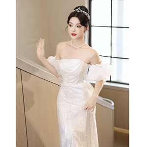 S0212N abito da sposa donna bianco di classe stile francese di lusso accessibile per il fidanzamento e gli eventi serali nuova vestizione - Product Image 2