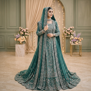 Modern Green Floral Embroidered Long Sleeve Floor-Length Bridal <b>Wedding</b> <b>Dress</b> with <b>Detachable</b> <b>Train</b> and A-Line Silhouette - Product Image 2