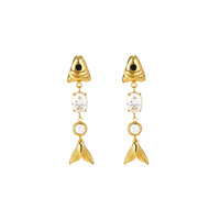 Set Kalung Mutiara Air Tawar Tulang Ikan Lapis Emas PVD Baja Anti Karat Pantai Musim Panas, Anting-anting Kristal Zirkon Ekor Ikan Gaya Laut untuk Wanita