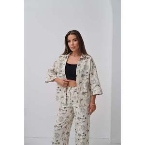 Conjunto de Pijama de Lino para Mujer, Beige, Bordado, Manga Larga, Casual, Suave, Tejido, 2 Piezas - Product Image 3