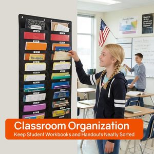 20 Pockets Hanging Wall File Organizer Black Non Woven Fabric Punch Free Office <b>Storage</b> Pocket Chart Hook Type - Product Image 6