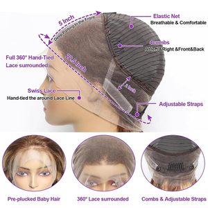 Perruques en dentelle frontale 360 avec mèches ombrées blond miel, cheveux humains, dentelle frontale avec cordon de serrage, vague corporelle, perruques en dentelle frontale 360 HD, perruque en dentelle complète - Product Image 5