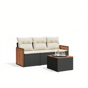 Ensemble de salon de jardin blanc crème et noir, 3 places, en rotin et teck, résistant aux intempéries, design contemporain - Product Image 1