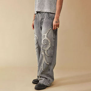 Jeans personnalisés avec logo brodé, patchwork, gris délavé, coupe droite ample, style hip-hop streetwear, pour hommes - Product Image 3