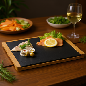 Plato de servir KESPER de pizarra con marco de bambú rectangular para presentación de alimentos - Product Image 3