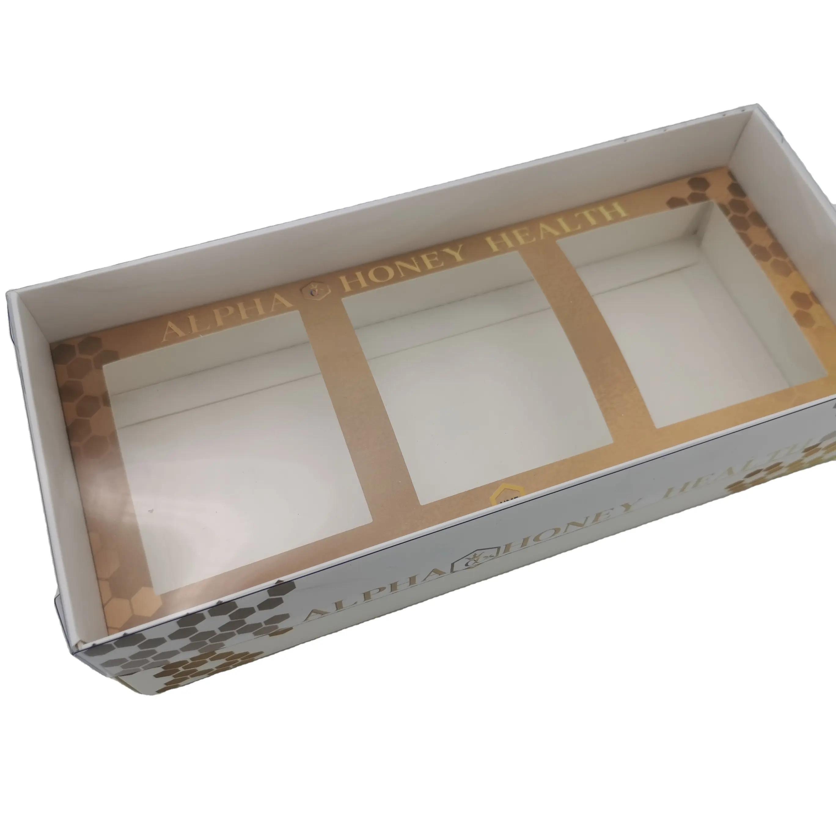 कस्टम कागज शहद उत्पाद स्पष्ट ढक्कन के साथ सेट पैकेजिंग बॉक्स