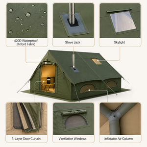 Tenda Glamping Gonfiabile di Lusso per 6-10 Persone, Impermeabile, in Tessuto Oxford 420D, 4 Stagioni, con Foro per Stufa e Lucernario, per Campeggio Familiare all'Aperto - Product Image 3