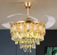 Lustre de luxe LED chromé en cristal avec télécommande invisible, ventilateur de plafond lumineux moderne pour chambre à coucher, salle à manger, salon