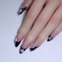 10 pièces/boîte Faux ongles en résine à coller, style français noir, petites fleurs, nude, forme amande moyenne, pour nail art