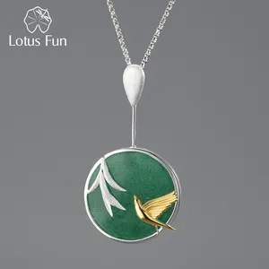 Lotus Fun Bird Bamboo Spring Breeze colgante de Jade redondo Collar de plata de ley 925 elementos chinos joyería de personalidad para mujer joyería fina para mujer