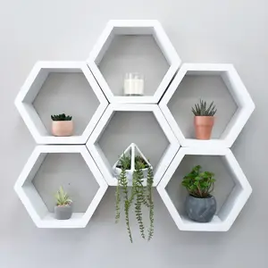 Nordic Hexagon Shelf Wall-Mounted Wooden Adjustable Steel and Wood Floating Display for Living Room or Dining